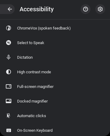 Screenshot of the 'Accessibility' menu.