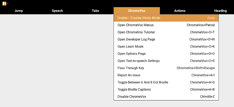 Screenshot of the ChromeVox tab selected and the options under it.
