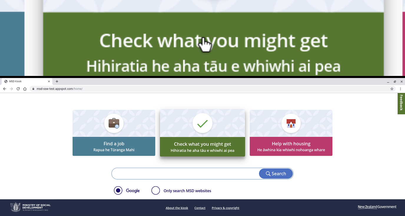 Screenshot of the Docked magnifier hovering over the 'Check what you might get' card on the Kiosk home page.
