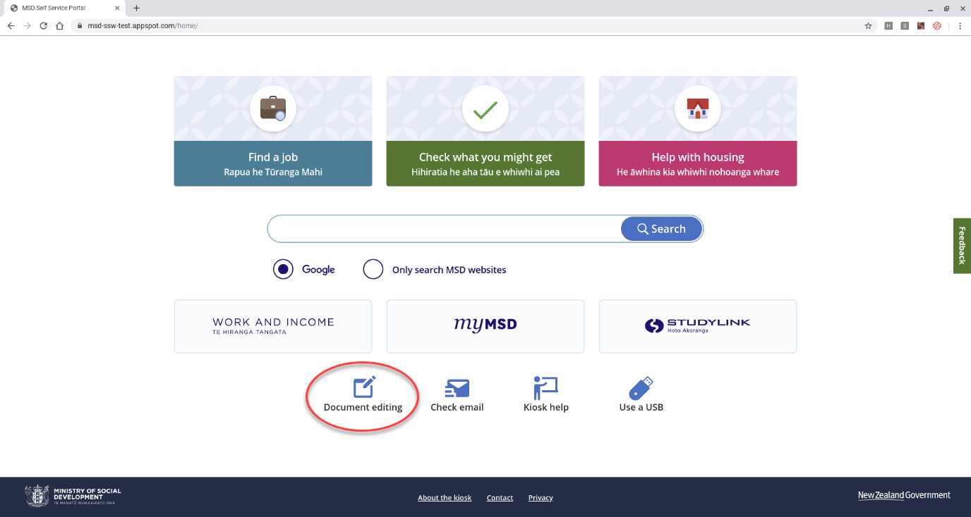 Screenshot of the kiosk home page with the 'Document editing' button circled.