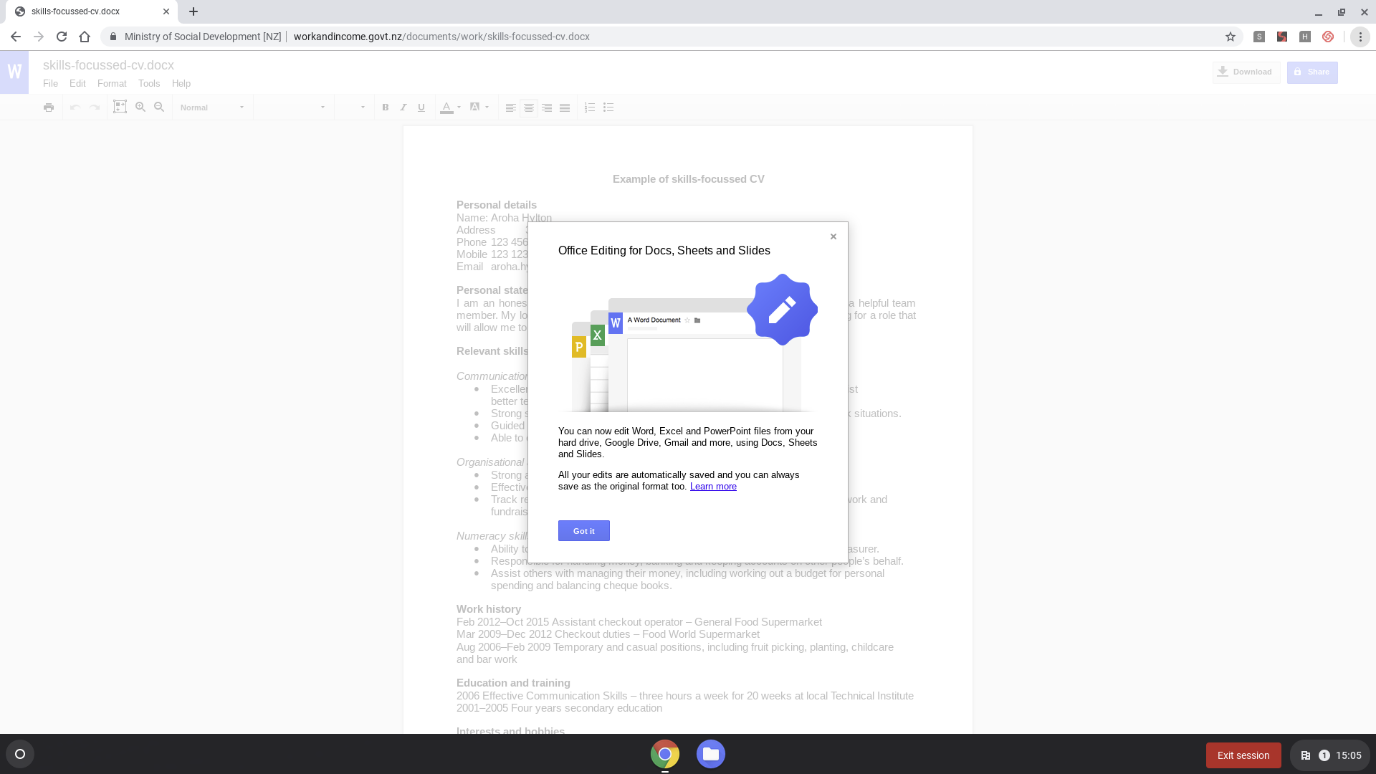 Screenshot of the 'Document editing' page on the kiosk.