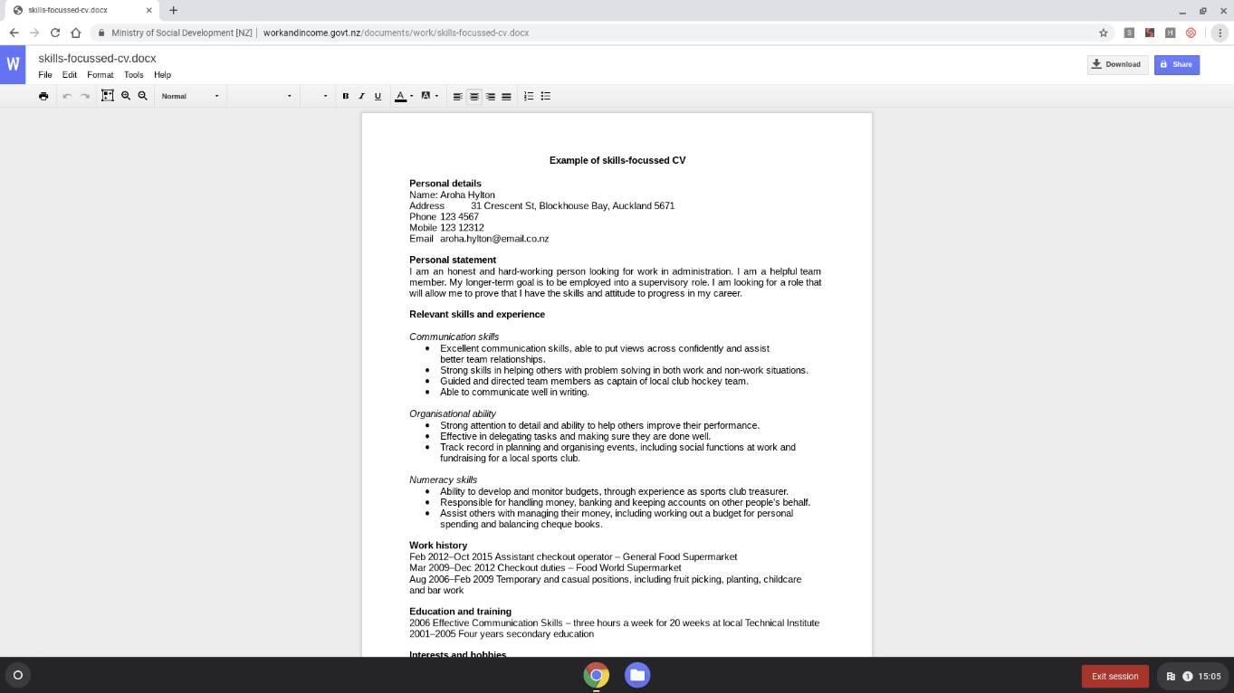 Screenshot of the 'Skills-focussed CV' document open in a new browser tab.
