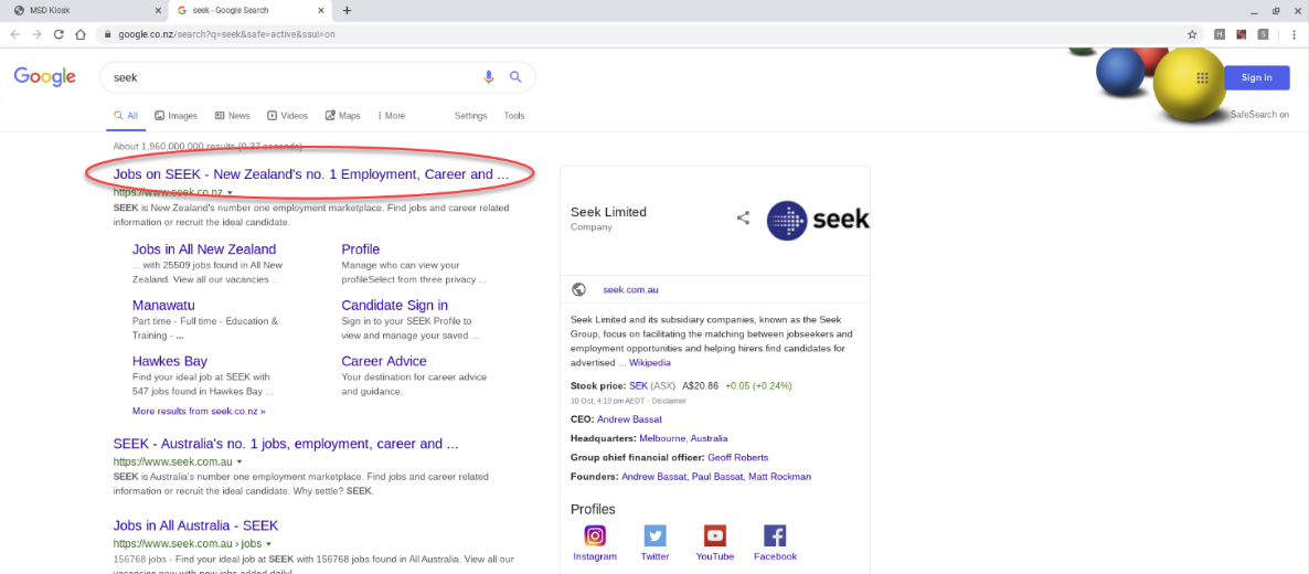 Screenshot of the search results page with the first result for 'Jobs on SEEK' circled.