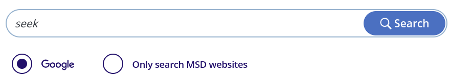 Screenshot of the search box with the word 'seek' typed into the search bar and the 'Google' option selected as the default option.