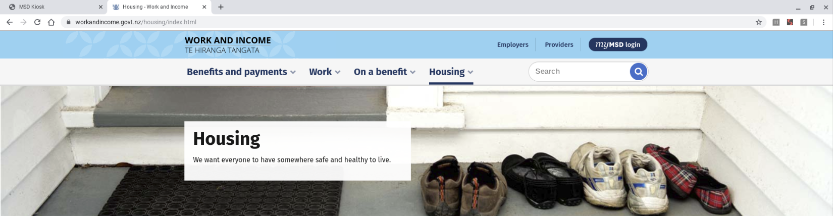 Screenshot of the Work and Income Housing landing page.