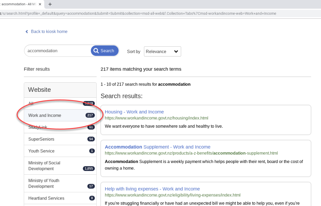 Screenshot of the search results page with the 'Work and Income' website filter circled.