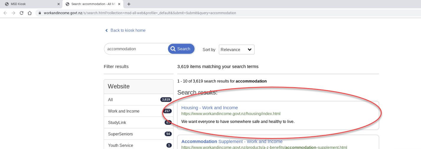 Screenshot of the Work and Income website search results page with the first search result card called 'Housing' circled.