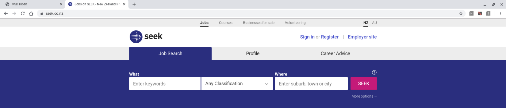 Screenshot of the Seek website open in the same browser tab.