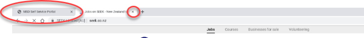Screenshot of the browser tabs that are open. The 'MSD Kiosk' browser tab is circled and so is the 'X' on the browser tab of the current page.