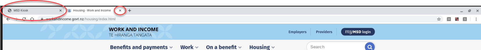 Screenshot of the browser tabs that are open. The 'MSD Kiosk' browser tab is circled and so is the 'X' on the browser tab of the current page.