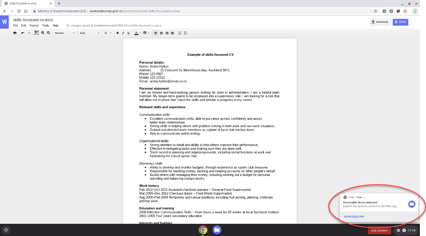 Screenshot of a skills-focussed CV open in a browser window with the USB message 'Removable device detected' circled.