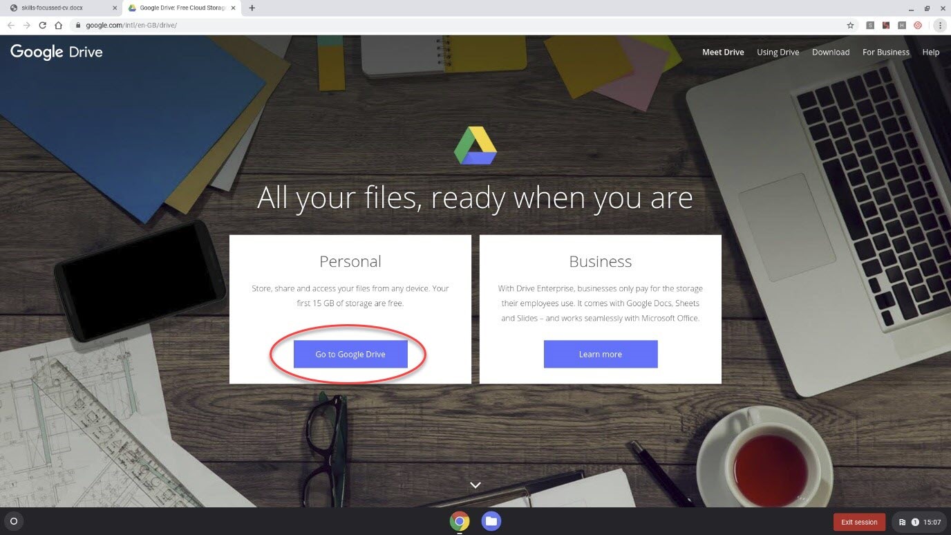 Screenshot of the Google Drive home page with the 'Go to Google Drive' button circled.