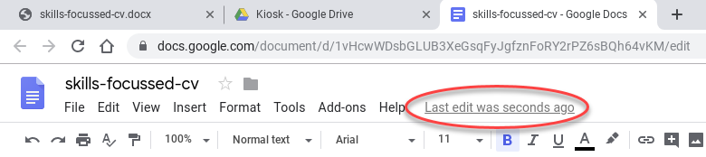 Screenshot of the message at the top of the page with the words 'Last edit was seconds ago' circled.