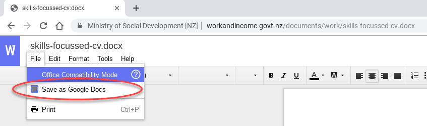 Screenshot of the 'File' tab selected with the option to 'Save as Google Docs' circled.