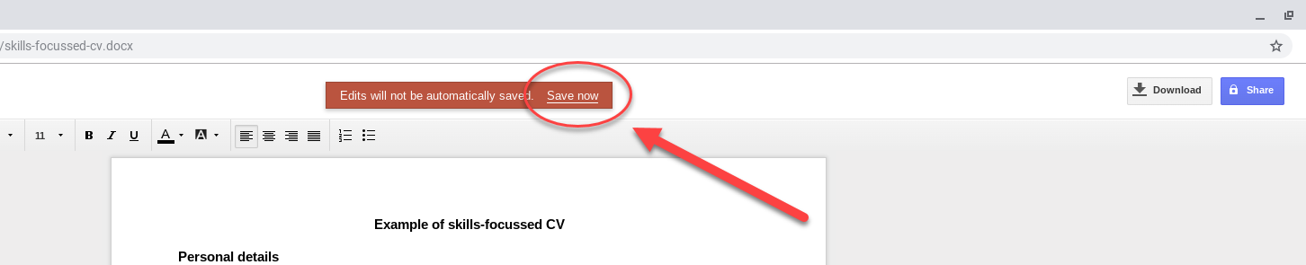 Screenshot of the message 'Edits will not be automatically saved. Save now'.