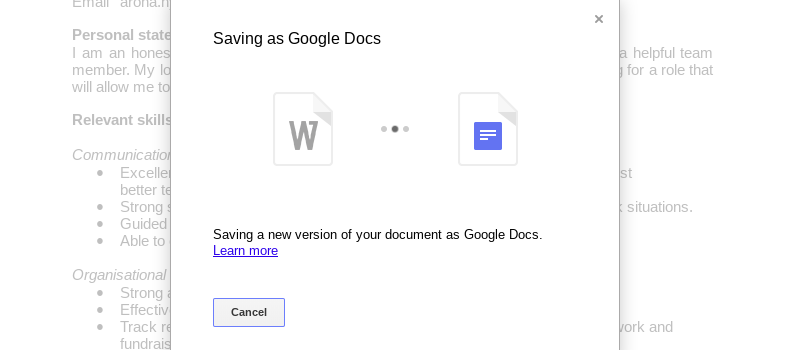 Screenshot of the progress screen telling you the document is being saved to your Google Docs account.