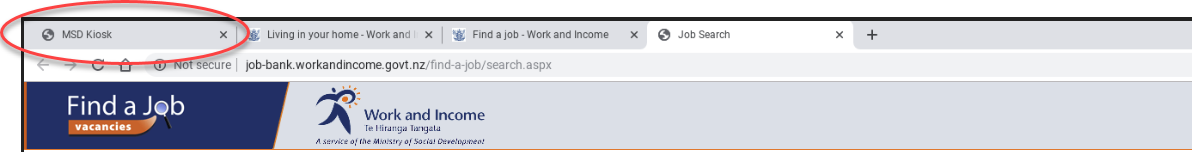 Screenshot of the browser tabs that are open. The 'MSD Kiosk' browser tab is circled.